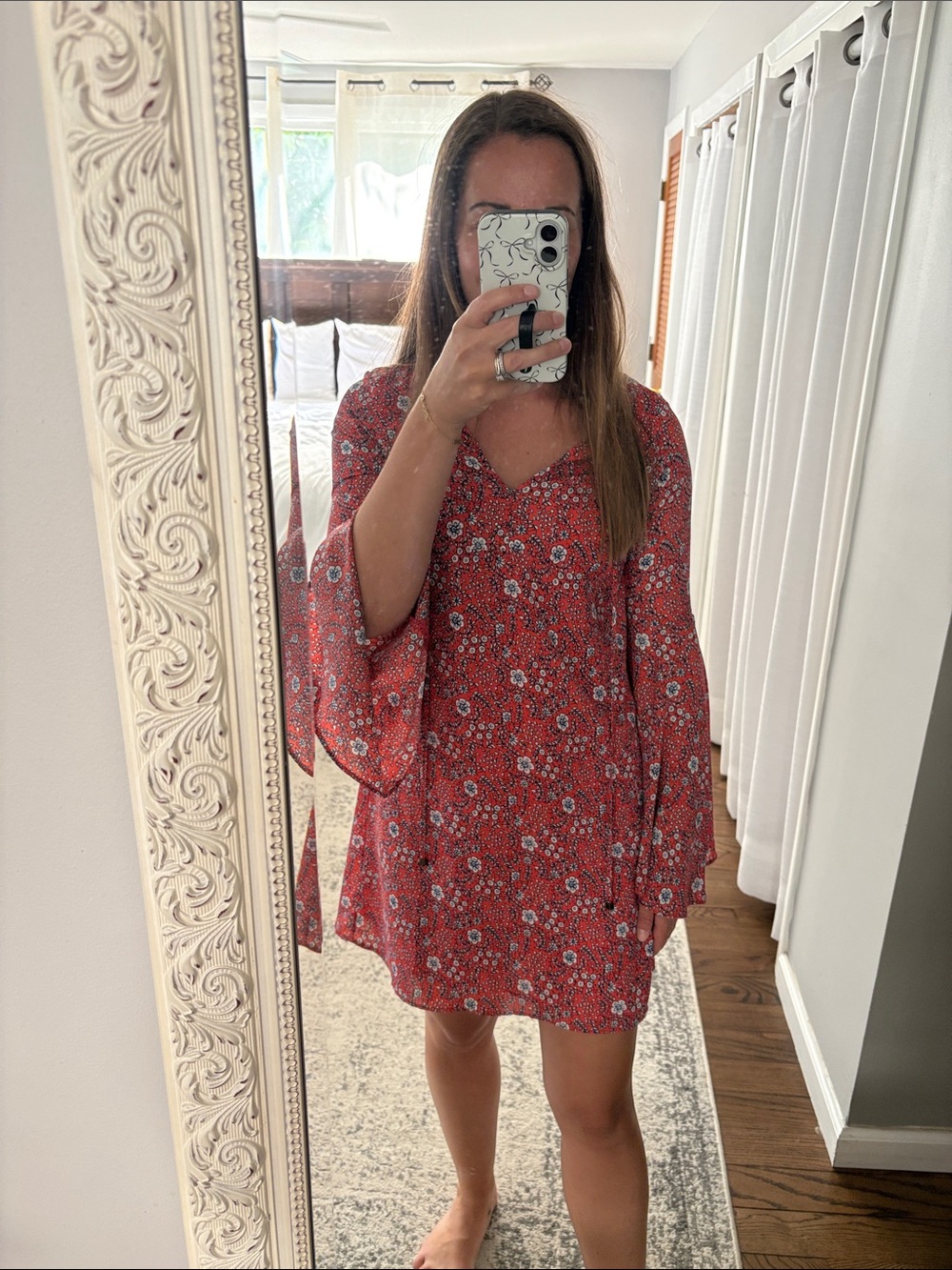 Vibrant Orange Floral V-Neck Mini Dress with Bell Sleeves